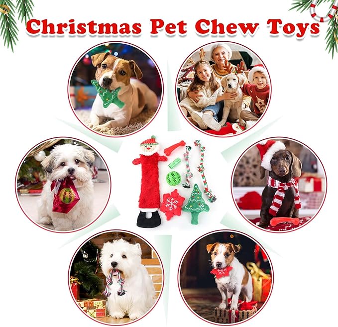 LOYEE Christmas Dog Toys 8 Pack - Santa Squeaky Plush Chew for Puppy, Durable Interactive Rope for Teething, Treating Ball and Bone Rubber for Small Dogs