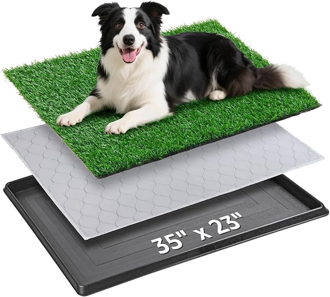 Portable Dog Grass Pad with Tray 35''x23'', Dog Litter Box with Artificial Grass Patch & Washable Reusable Pee Pad for Puppy PottyTraining, Pet Loo Indoor Outdoor Use for Balcony Patio Apartment