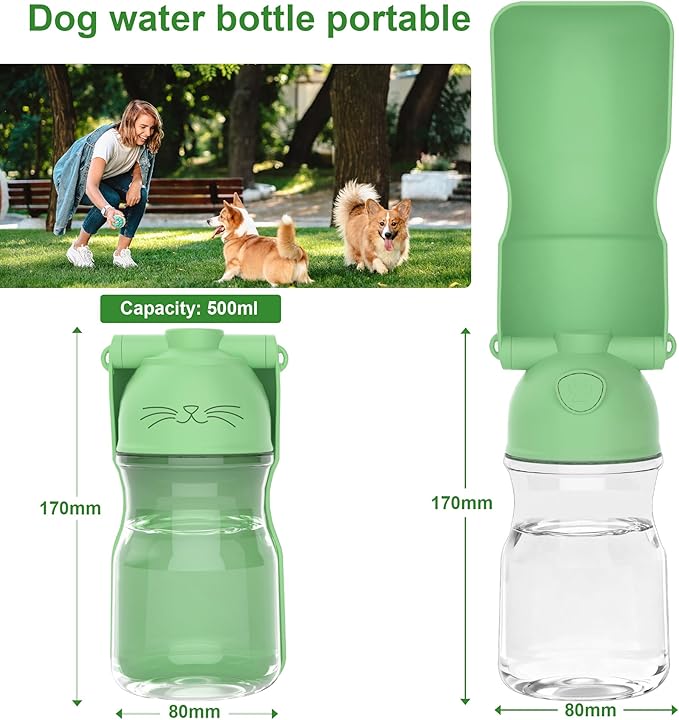 Dog Water Bottle, Portable Leak-Proof Water Dispenser with Drinking Bowl for Dogs and Cats, Travel Puppy Fountain Pet Water Bottle for Hiking Walking Outdoor (A012B-Green)