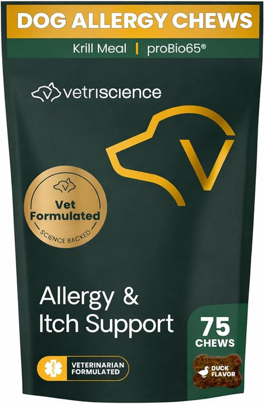 VetriScience Allergy & Itch Support Chews, Skin Supplement for Dogs, Itching, Scratching, and Licking, Support Immune Health, Duck, 75 Count