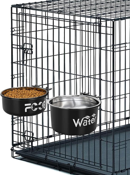 Crate Water Bowl No Spill for Large Dogs, Removable Stainless Steel Dog Bowls for Food and Water, Dog Kennel Hanging Wet and Dry Food Feeder for Medium/Large Pets, (7.1"x3.7" & 6.3"*2.6", Black)