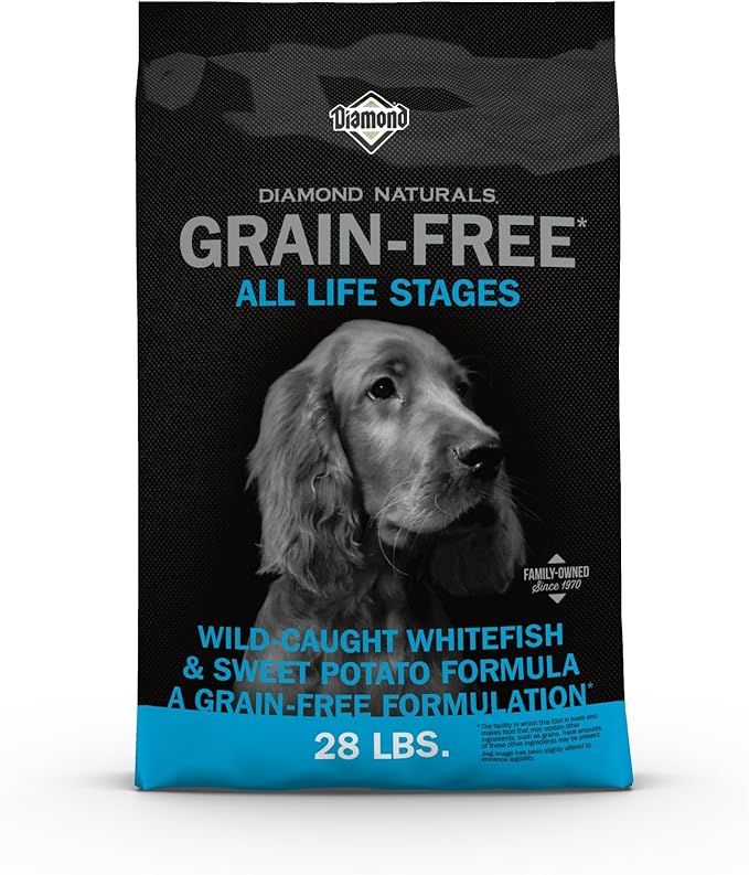 Diamond Naturals Grain-Free Recipe All Life Stages High Quality Protein Dry Dog Food with Premium Wild-Caught Whitefish and Sweet Potato with Taurine, and Omega Fatty Acids, in all Breed Sizes 28lb