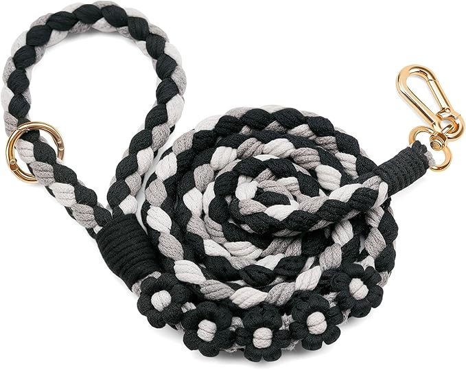 Handmade 5ft Braided Cotton Dog Leash with Unique Floral Handle, Durable and Stylish, Ideal for Small to Large Dogs, Black