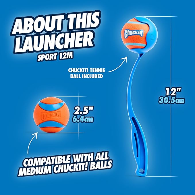Chuckit! Dog Ball Launcher 12M Sport with 12" Handle Length for Medium 2.5" Dog Balls For Dogs 20-60 lb, Plastic Pet Fetch Ball Thrower, Perfect for Kids, Made in USA, Blue