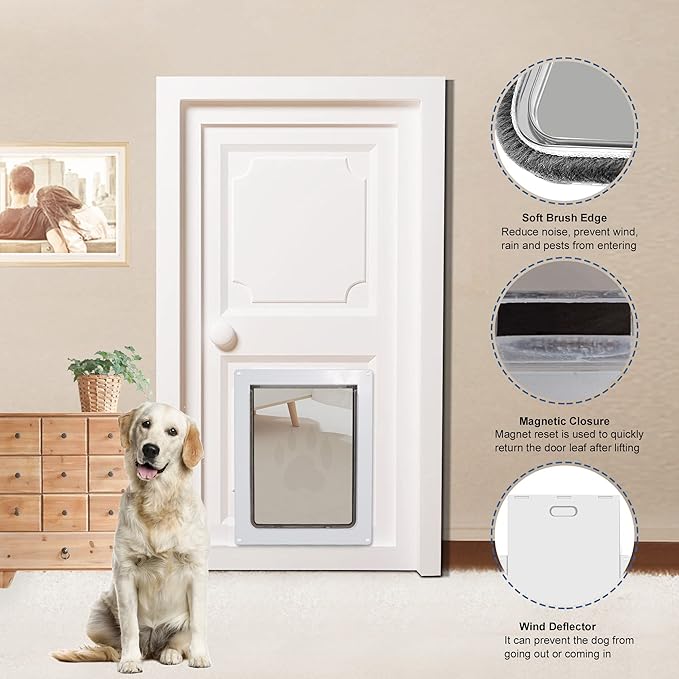 CEESC Dog Door for Pets Up to 45 lb, Weatherproof Pet Door for Cats and Dogs, Durable, Snap-in Closing Panel Included, Suitable for Interior and Exterior Doors(Medium White)
