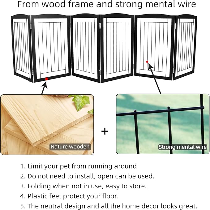 ZJSF Freestanding Foldable Dog Gate for House Extra Wide Wooden Black Indoor Puppy Gate Stairs Dog Gates Doorways Tall Pet Gate 6 Panels Fence
