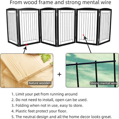 ZJSF Freestanding Foldable Dog Gate for House Extra Wide Wooden Black Indoor Puppy Gate Stairs Dog Gates Doorways Tall Pet Gate 6 Panels Fence