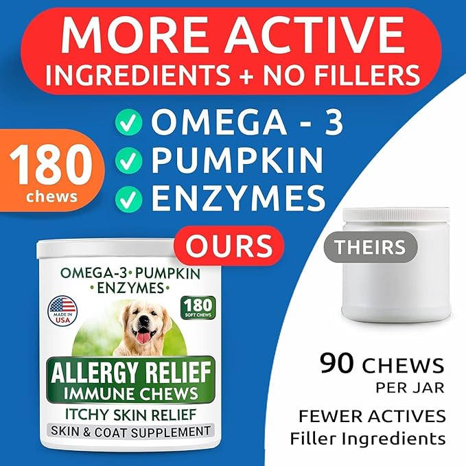 BARK&SPARK Dog Allergy Relief Soft Chews for Skin Health & Seasonal Allergies - Anti-Itch Supplement w/Omega-3, Quercetin & Bromelain Immune Treats for Dry Skin & Hot Spots - Chicken Liver - 180ct