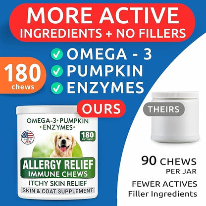 BARK&SPARK Dog Allergy Relief Soft Chews for Skin Health & Seasonal Allergies - Anti-Itch Supplement w/Omega-3, Quercetin & Bromelain Immune Treats for Dry Skin & Hot Spots - Chicken Liver - 180ct