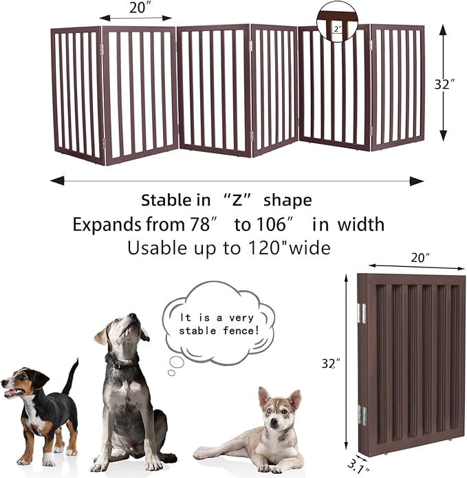 ZJSF Freestanding Indoor Dog Gate for House Foldable Wood Brown Puppy Gate for Doorways Pet Gate for Stairs Extra Wide Pet Fence 32" Height 6 Panels