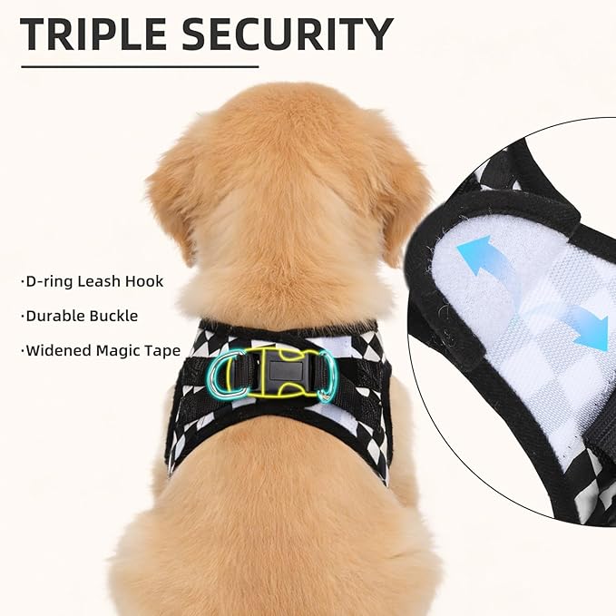 PUPTECK Adjustable Dog Harness Collar and Leash Set Step in No Pull Pet Harness for Small Medium Dogs Puppy and Cats Outdoor Walking Running, Checkered Black&White M