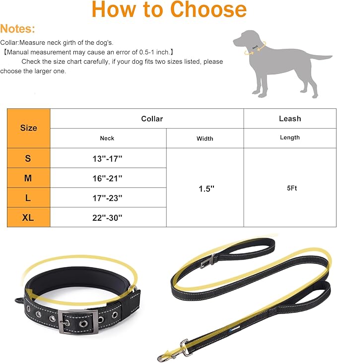Annchwool Adjustable Dog Collar and 5 FT Leash Set with Heavy Duty Metal Buckle–Comfortable Lining Reflective Collar &Dual-Handles for Small Medium Large Dogs Walking,Running(Black Set,XL:22''-30'')