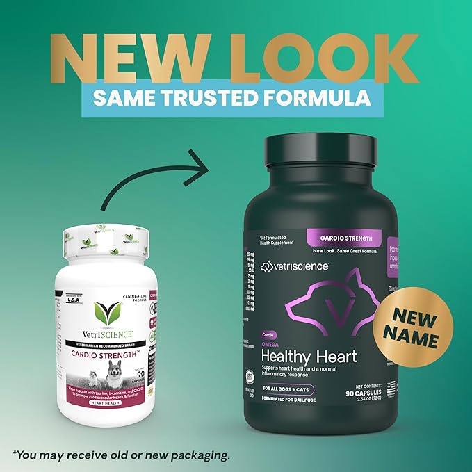 VetriScience Omega Healthy Heart Easy-Open Capsules, Cardio Strength Taurine and Omega-3 Supplement for Dogs and Cats, Heart Support Supplement for Pets, 90 Count