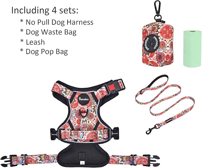 Petmolico No Pull Dog Harness Set with Leash Attachment Easy Control Handle Reflective Harness Vest Small Breed, Puppy Vest and Leash Set with Poop Bag Holder, Medium - Boho Floral