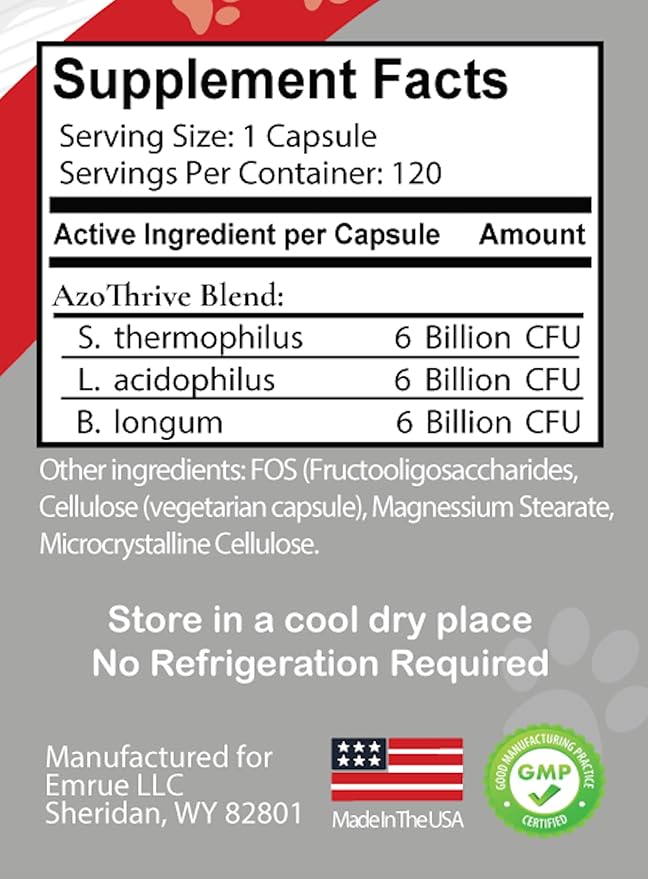 AZOTHRIVE - Kidney Probiotic Support Supplement for Cats and Dogs - 18 Billion CFU - Manage Renal Toxins - CKD - Made in USA - No Refrigeration Needed - 120ct Easy to Swallow Small Oral Capsules