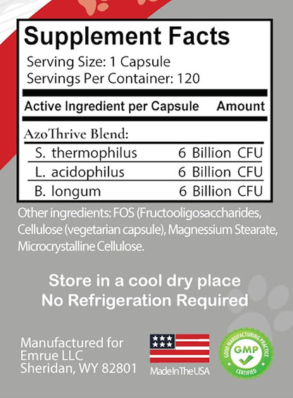 AZOTHRIVE - Kidney Probiotic Support Supplement for Cats and Dogs - 18 Billion CFU - Manage Renal Toxins - CKD - Made in USA - No Refrigeration Needed - 120ct Easy to Swallow Small Oral Capsules