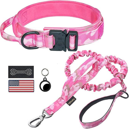 Hotsky Tactical Dog Collar and Leash Set, Heavy Duty Military Airtag Dog Collar with Handle and Metal Buckle for Training and Walking, with Airtag Holder and Two Patches (Pink Camo, L)