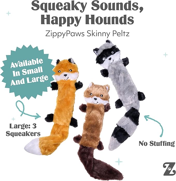 ZippyPaws Skinny Peltz - No Stuffing Dog Toy Pack to Keep Them Busy, for Medium and Large Dogs, Squeaky Pet Toys, Unstuffed Chew Toys, Soft Plush Variety Pack, Fox, Raccoon, and Squirrel - 18"