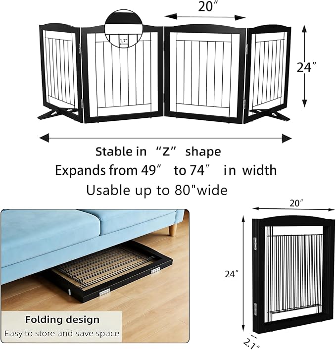 ZJSF Freestanding Dog Fence Indoor, Foldable Dog Gate for Doorways, Stairs or Hallways, Sturdy Wood Extra Wide Pet Gate with Support Feet for The House, Black, 24 "Height-4 Panels