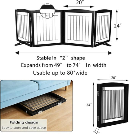 ZJSF Freestanding Dog Fence Indoor, Foldable Dog Gate for Doorways, Stairs or Hallways, Sturdy Wood Extra Wide Pet Gate with Support Feet for The House, Black, 24 "Height-4 Panels