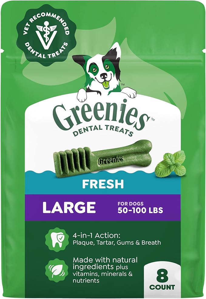 Greenies Dog Treats, Veterinarian-Recommended Natural Dental Dog Treats, Large Size, Mint Flavor, 12 oz. Pack, 8 Count