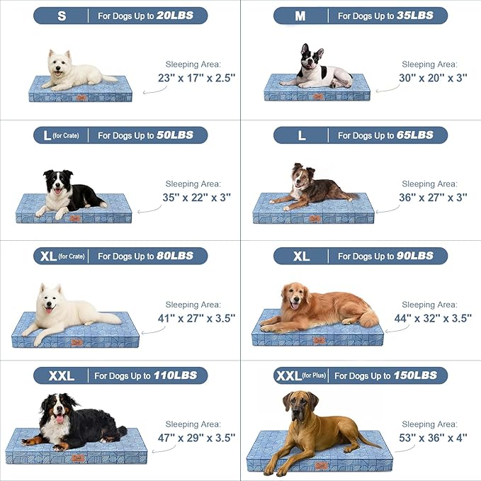 Outdoor Orthopedic Dog Bed for Extra Large Dogs, XL Waterproof Flat Pet Bed 44x32 Inch, Egg Crate Foam with Removable Washable Oxford Cooling Cover, White Blue