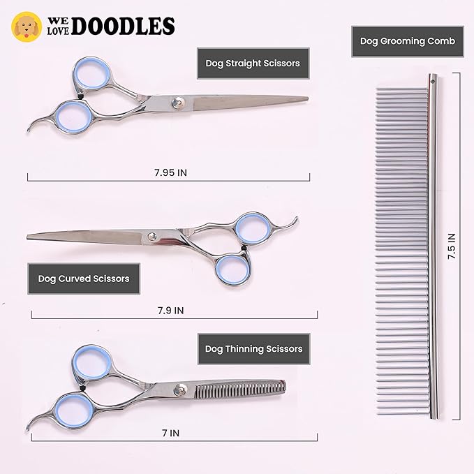Dog Grooming Scissors Kit - Best Tools for Goldendoodles & Poodles- Straight, Curved & Thinning Shears - Golden Doodle Grooming Professional Grade Stainless Steel, 4 Pc Set (Long Silver)