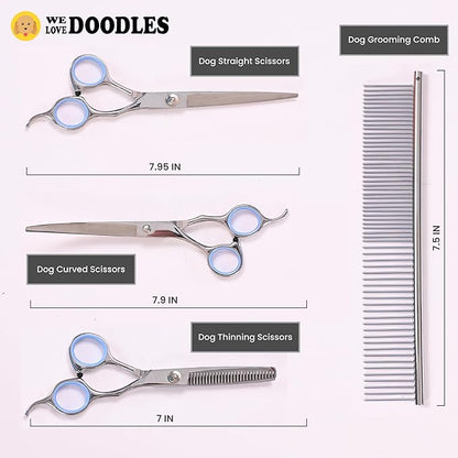 Dog Grooming Scissors Kit - Best Tools for Goldendoodles & Poodles- Straight, Curved & Thinning Shears - Golden Doodle Grooming Professional Grade Stainless Steel, 4 Pc Set (Long Silver)
