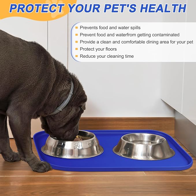 SMILOOL Silicone Pet Feeding Mat with Raised Edge for Food and Water, Dog Bowl Mats, Cat Bowls Placemat with High Lip for Floor Waterproof, Rubber Tray for Cats and Dogs 22 x 14 x0.8 Navy Blue
