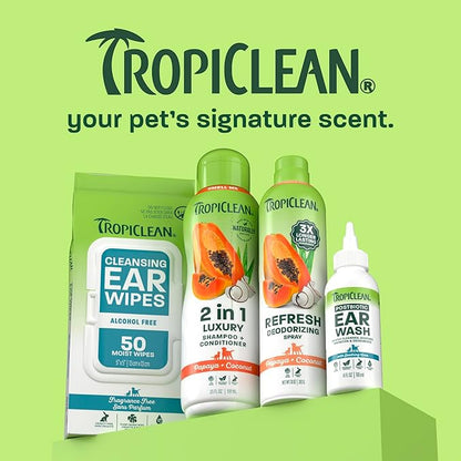 TropiClean Dog Ear Wipes, Dog Ear Cleaner, Soothing Itch Relief, Gently Removes Wax and Debris, Odor Eliminating, Safe for Daily Use, Cat Safe, 50ct.