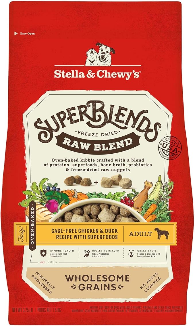 Stella & Chewy's SuperBlends Raw Blend Wholesome Grains Cage-Free Chicken & Duck Recipe with Superfoods, 3.25 lb. Bag