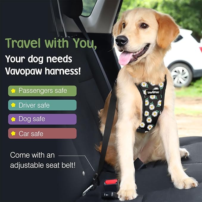 VavoPaw Dog Seat Belt, Safety Vest Dog Car Harness with Adjustable Buckle Dog Seat Belt for Vehicle Nylon Pet Safety Seat Belts Heavy Duty(L, Black Daisy)