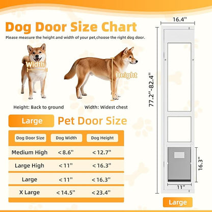 Dog Door for Sliding Glass Door with Magnetic Flat, Installed on Either Left or Right Side，Sliding Door Pet Doggie Door Insert with Lock, Adjustable Height No-Cut Required Doggy Door