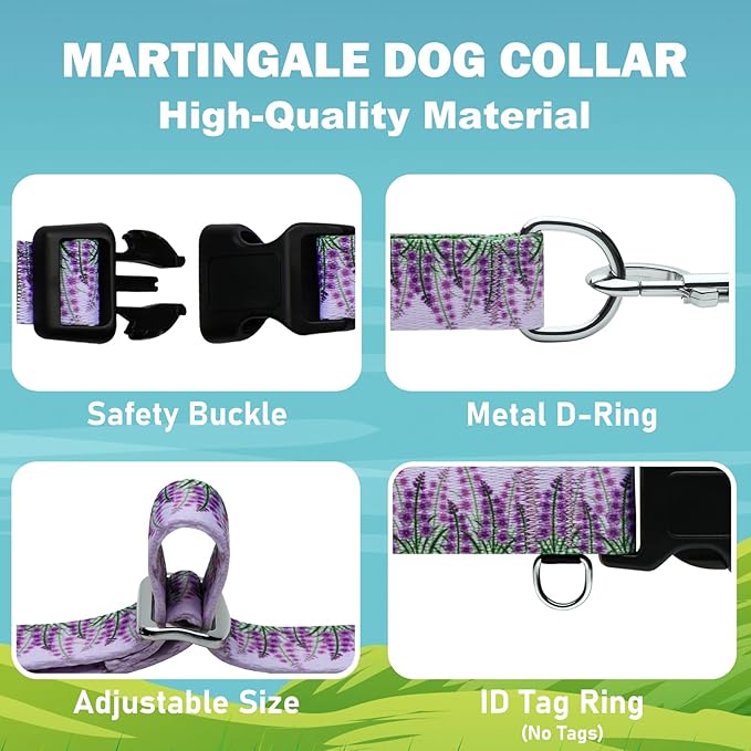 Martingale Collar for Dogs with Buckle Floral No Pull Adjustable Nylon Limited Slip Training Dog Collars (Purple Lavender, Large)