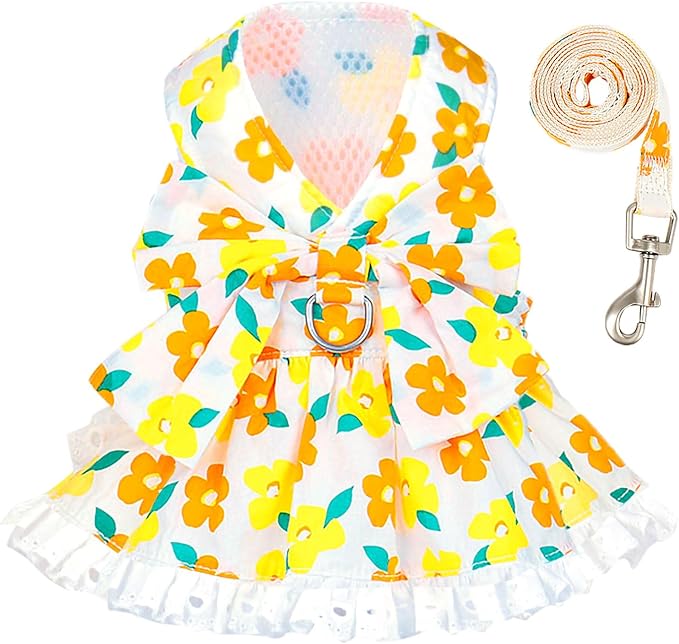 ABRRLO Dog Harness Dress Leash Set for Small Dog Summer Clothes Girl Female Puppy Cats Outfits Cute Floral Bowknot Princess Birthday Dress for Extra Small Pet Doggie Kitten Outfits Apparel(Yellow,L)