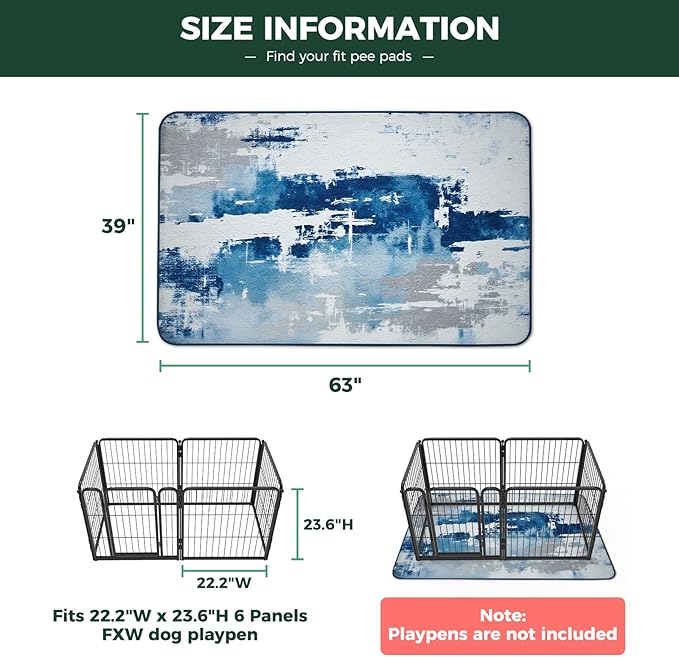 FXW Washable Pee Pads for Dogs, Leak-Proof & Non-Slip, Specifically Designed for FXW Rollick/Homeplus 24inch 6 Panels Dog Playpen, 39" x 63" Rectangle, Tie-Dye Blue, 1 Pack