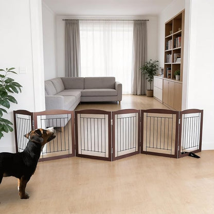 ZJSF Freestanding Dog Fence Indoor, Foldable Dog Gate for Doorways, Stairs or Hallways, Sturdy Wood Extra Wide Pet Gate with Support Feet for The House, Brown, 24 "Height-6 Panels