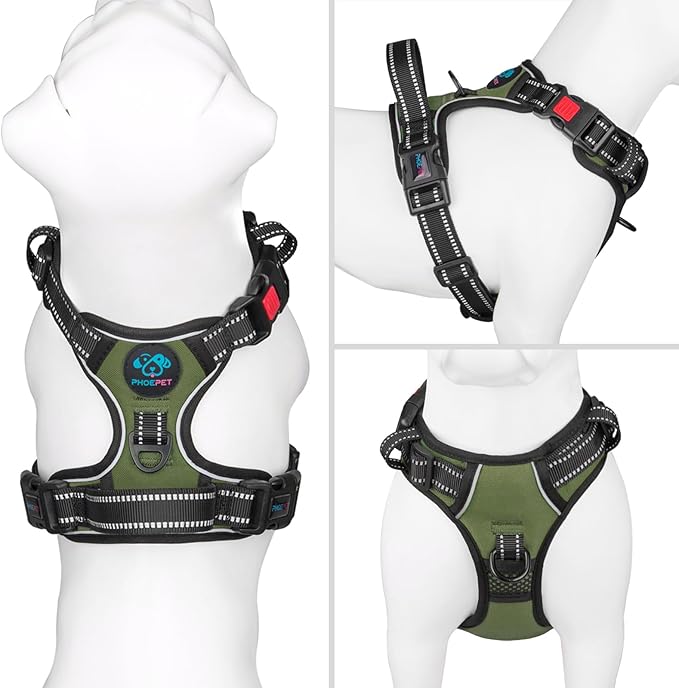 PHOEPET No Pull Dog Harness with Handle Front & Back Clip, Easy on Lockable Snap Buckle at Neck, Adjustable Reflective Vest with Handle for Small Medium Large Dogs (XL, Misty Green)