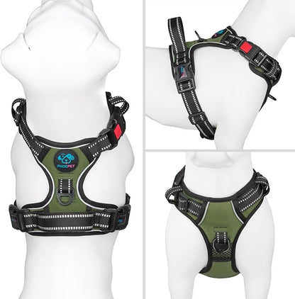 PHOEPET No Pull Dog Harness with Handle Front & Back Clip, Easy on Lockable Snap Buckle at Neck, Adjustable Reflective Vest with Handle for Small Medium Large Dogs (L, Misty Green)