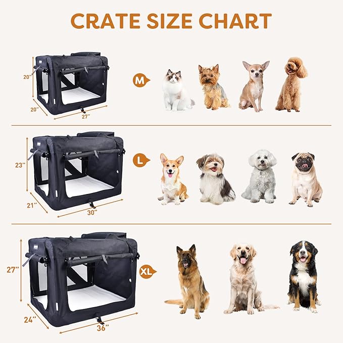 JESPET Soft Dog Crates Kennel for Pets, 3 Door Soft Sided Folding Travel Pet Carrier with Straps and Fleece Mat for Dogs, Cats (Graphite Black, Large(30" L x 21" W x 23" H))