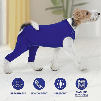 IDOMIK Dog Recovery Suit,Dog Leg Sleeve to Stop Licking Rear Legs,Thigh Wound Protective Sleeve,Male Female Pet Surgical Clothes,Doggy Surgical Suit with Pants Cover,Cone Collar Alternative,Blue,L