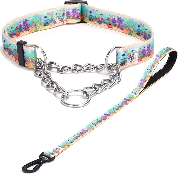 Martingale Dog Collar with Stainless Steel Chain - Limited Chain Cinch Training Collar for No Pull Training Dog - Flower Multicolor Cute Patterns - Premium No Slip Collar (M, Ocean Set)