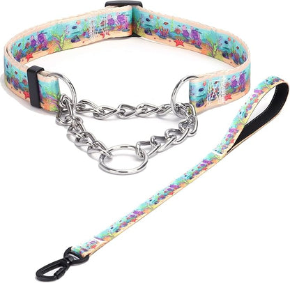 Martingale Dog Collar with Stainless Steel Chain - Limited Chain Cinch Training Collar for No Pull Training Dog - Flower Multicolor Cute Patterns - Premium No Slip Collar (L, Ocean Set)