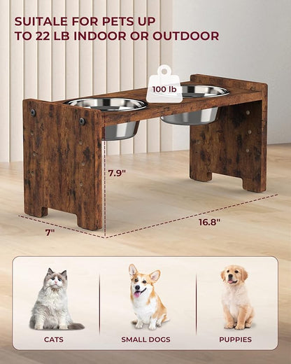 Vantic Elevated Dog Bowls, Adjustable Raised Dog Bowl Stand for Small Puppy and Cats, Sturdy Pet Food Feeder with 2 Stainless Steel Dishes, Rustic Brown