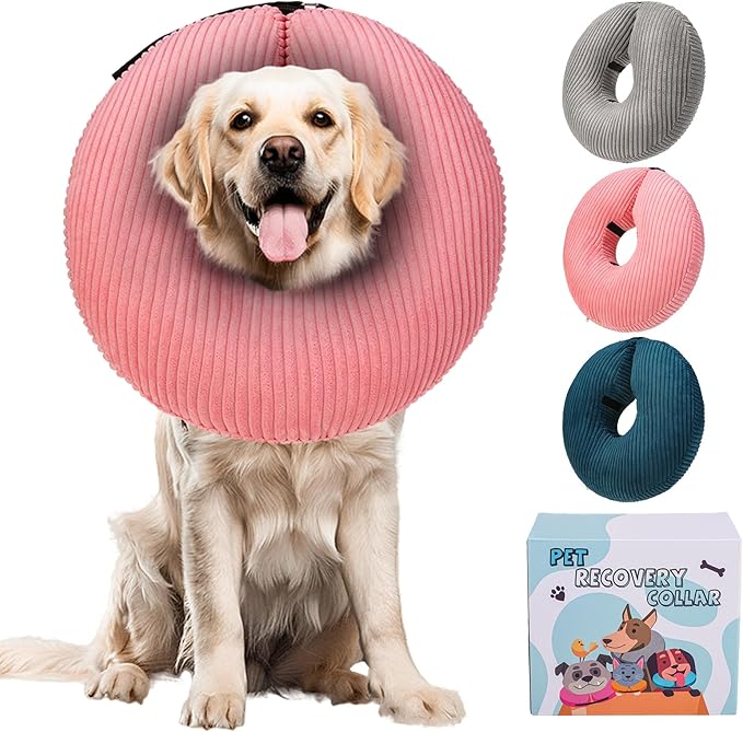 BINGPET Inflatable Dog Cone Collar Alternative After Surgery,Soft Recovery Cone for Dogs to Stop Licking,Dogs Blow up Protective Neck Donut ECollars Adjustable for Large Medium Small Puppy Pet, Pink L