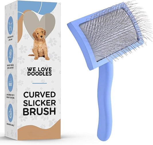 Slicker Brush for Dogs, Dog Grooming Supplies - Best Doodle & Poodle Brush for Haired Dogs - Goldendoodle Pin Detangler for Dematting (Medium Curved)