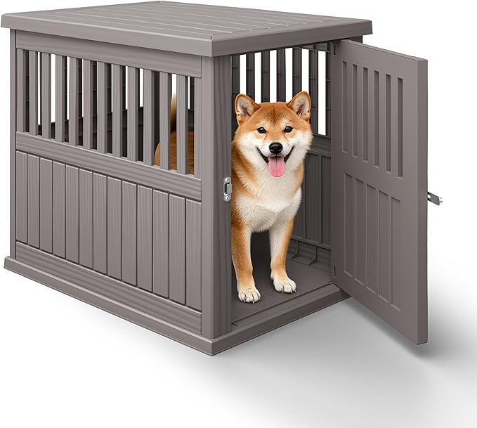 Bifanuo Dog House 30-Inch Dog Crate Furniture, Heavy Duty Dog Crate for Small Dog, Lockable Indoor Outdoor Dog Kennel & End Table, Decorative Plastic Pet Cage (Grey)