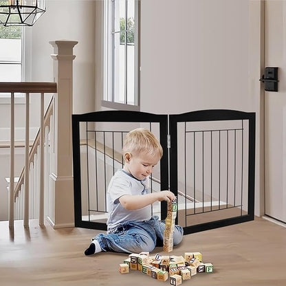 ZJSF Freestanding Foldable Dog Gate for House Extra Wide Wooden Indoor Puppy Gate Stairs Doorways Pet Gate Tall Dog Fence 2 Panels Fence Black