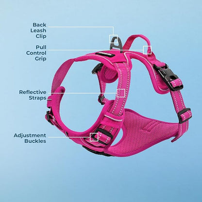 Voyager Dog Harness Dual Leash Attachment No-Pull Control Adjustable Soft but Strong Pet Harness for Medium and Large Dogs with 3M Reflective Technology, Fuchsia Nylon, M (Chest: 20-25")