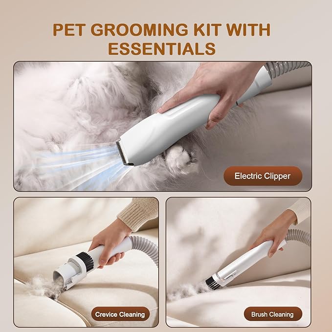 Dog Grooming Vacuum, Dog Grooming Kit with Pet Clipper Nail Grinder, 3 Suction Modes Dog Brush Vacuum with 6 Pet Grooming Tools (White)